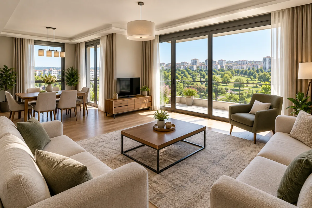 İbrahimli bölgesinde park manzaralı modern daire salonu